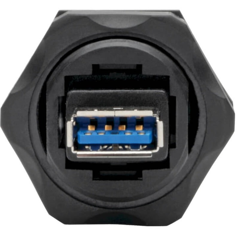 Close-up of USB 3.0 Type-A female connector showing blue internal components