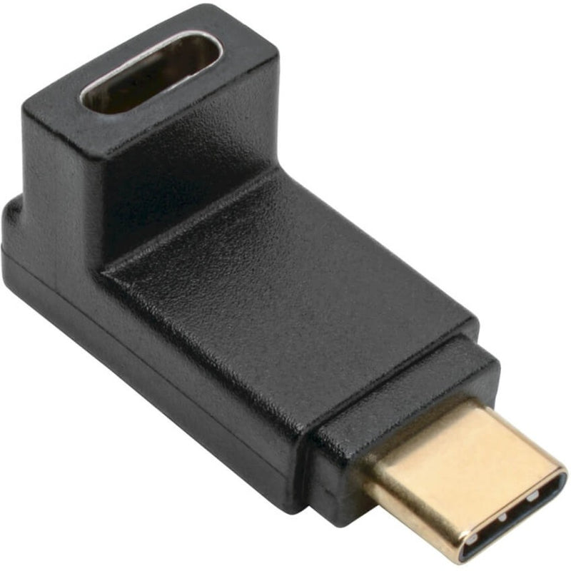 Black USB-C adapter with right-angle design showing gold-plated male connector