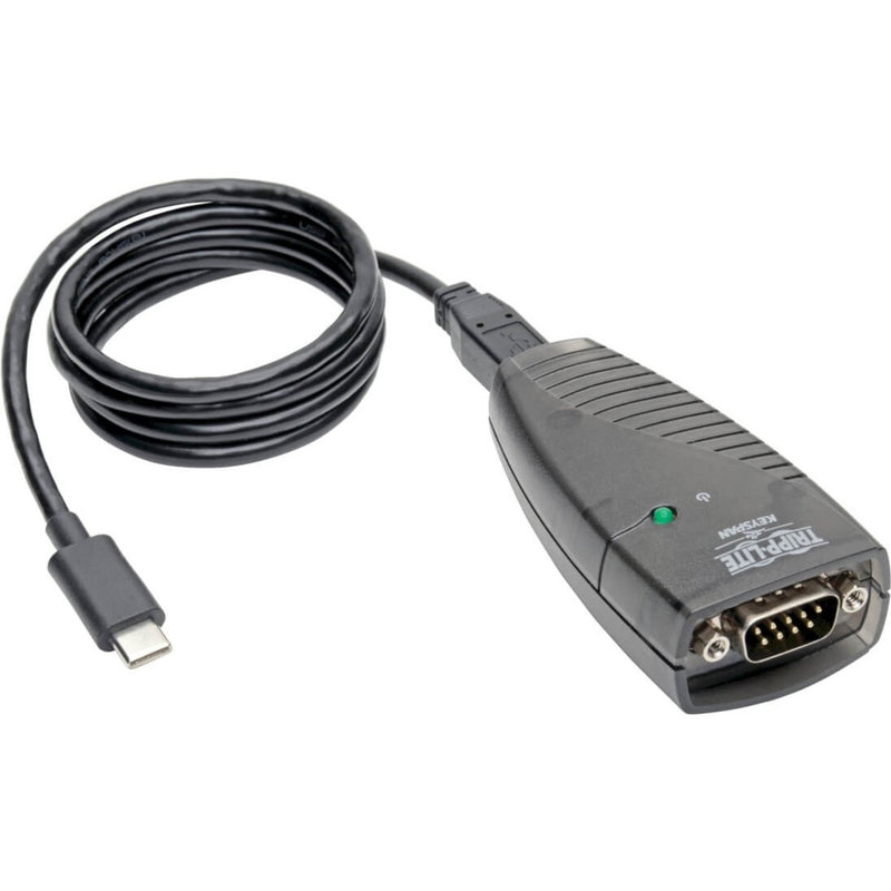 Tripp Lite USB-C to DB9 serial adapter with attached cable and LED indicator