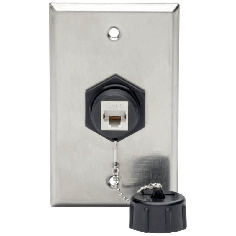 Wall plate mounted keystone jack with dust cap attached