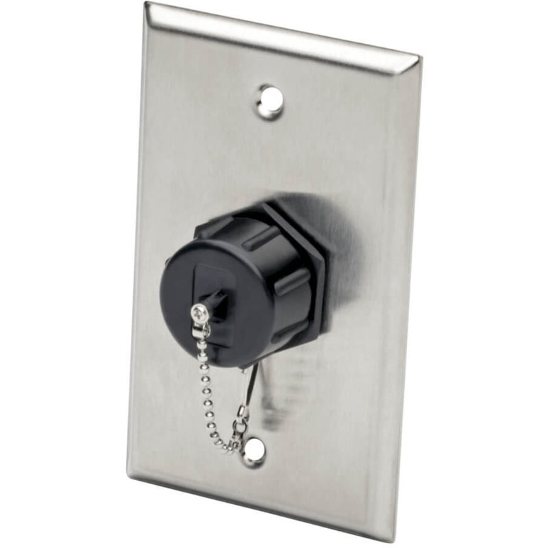 Keystone jack mounted in stainless steel wall plate