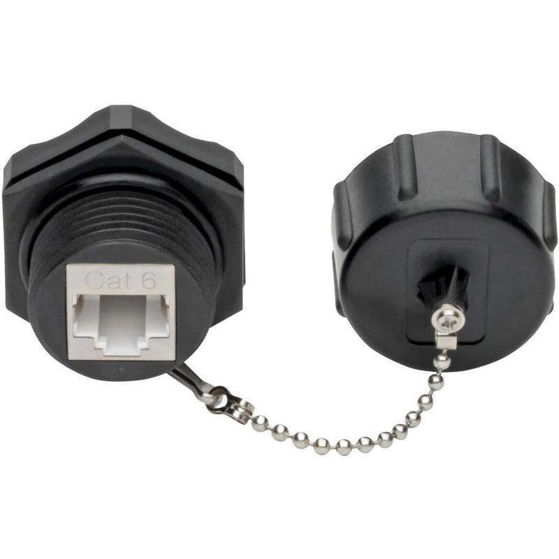 Front and back view of black Cat6 keystone jack with protective dust cap and chain