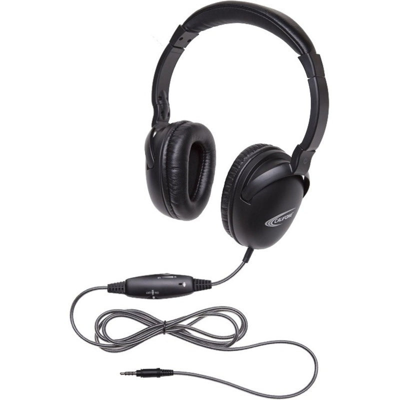 Black Califone NeoTech Plus headset with circumaural ear cups, adjustable headband, and inline volume control module with braided cable