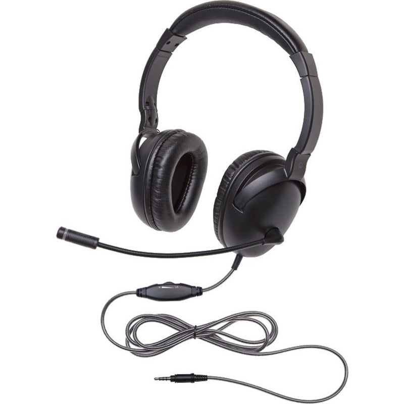 Black Califone 1017MT NeoTech Plus headset with padded ear cups, adjustable headband, boom microphone, and inline volume control