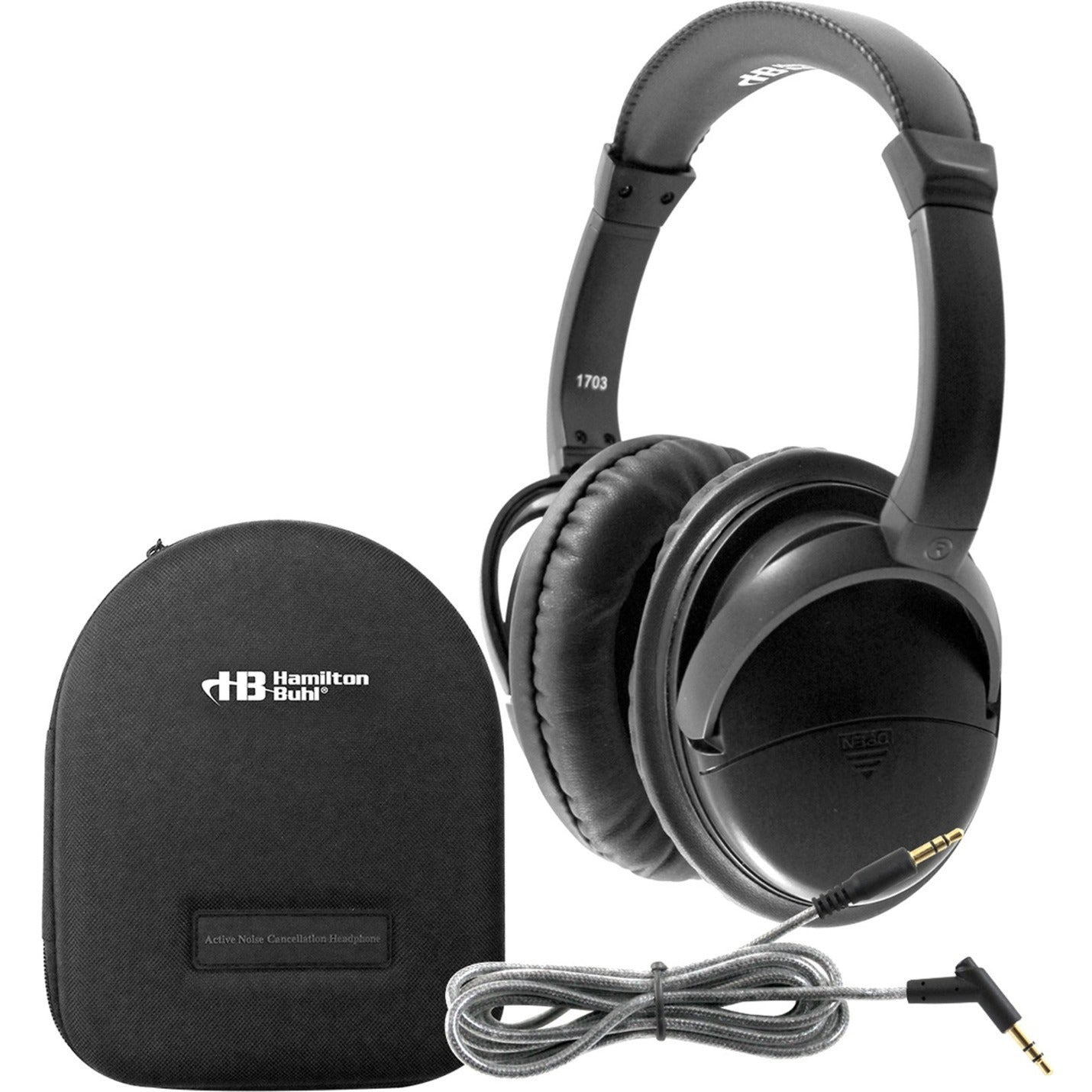 Hamilton Buhl noise-cancelling headphones shown with protective carrying case and detachable audio cable-alternate-image1