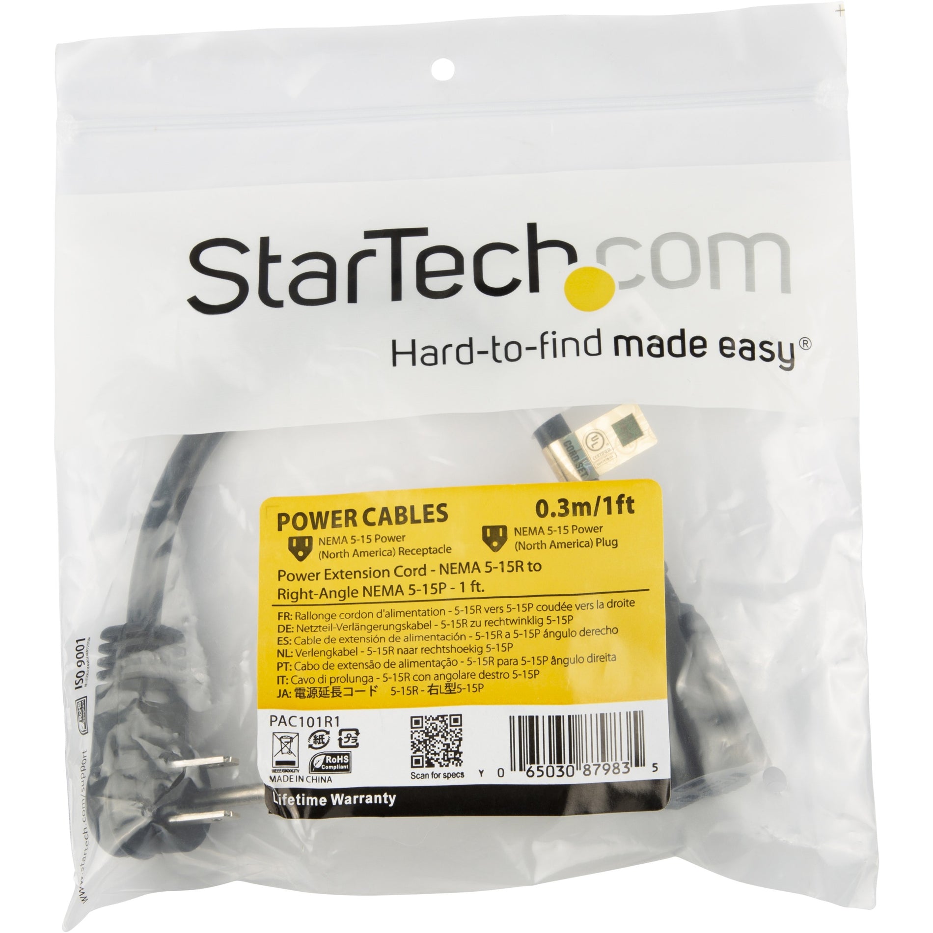 StarTech.com PAC101R1 Power Extension Cord, 1 ft Flat Low Profile Right Angle Power Cable