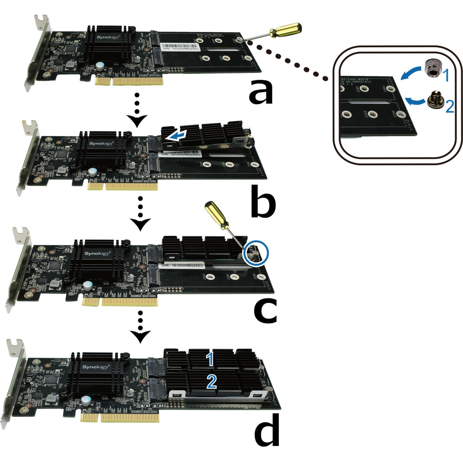 Step-by-step installation guide for M2D18 showing tool-free SSD mounting process-alternate-image4