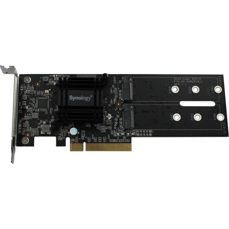 Top view of Synology M2D18 dual M.2 SSD adapter card showing PCB layout and dual SSD slots