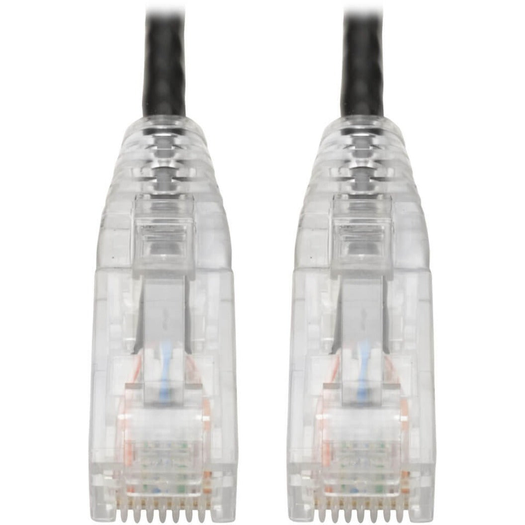 Close-up view of transparent snagless RJ45 connectors with strain relief boot on Cat6 cable-alternate-image1