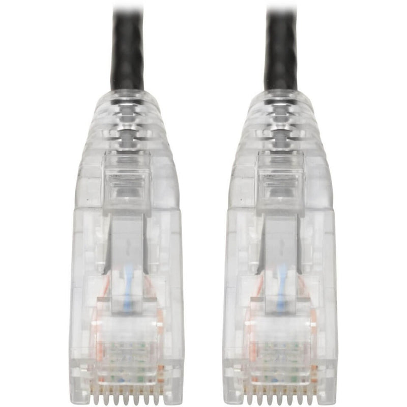 Close-up view of transparent snagless RJ45 connectors with strain relief boot on Cat6 cable