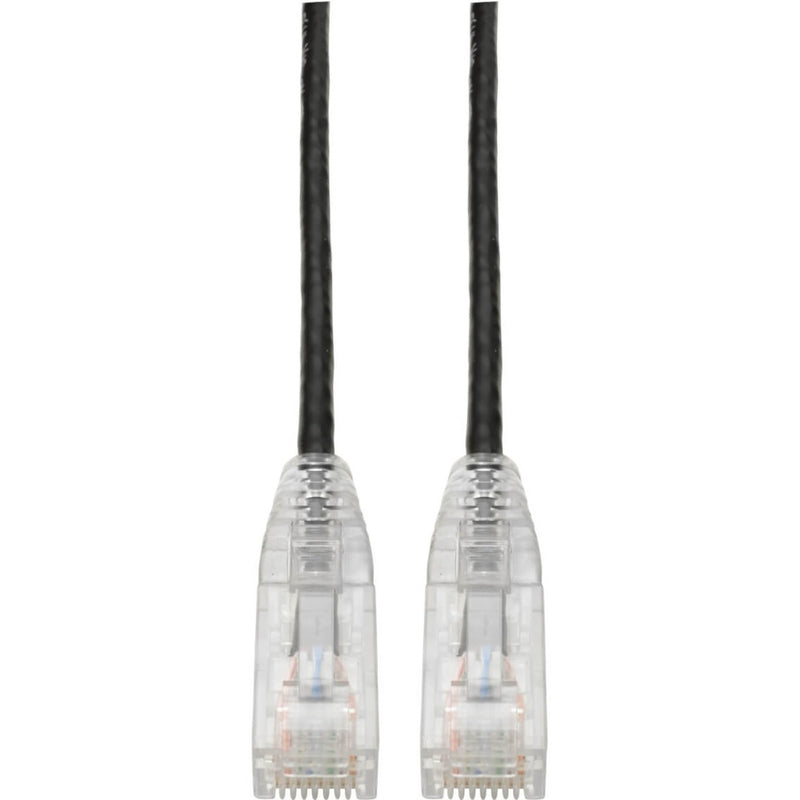 Close-up view of two transparent RJ45 connectors with gold-plated contacts on black Cat6 cable