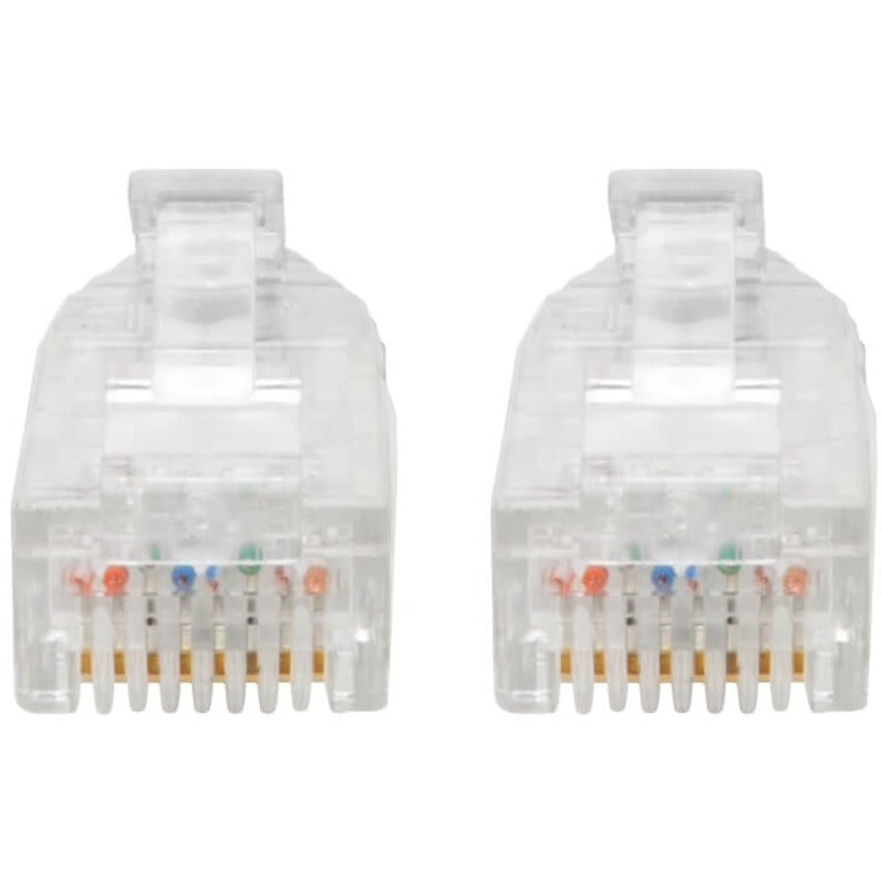 Detailed front view of RJ45 connector contacts showing internal wiring arrangement