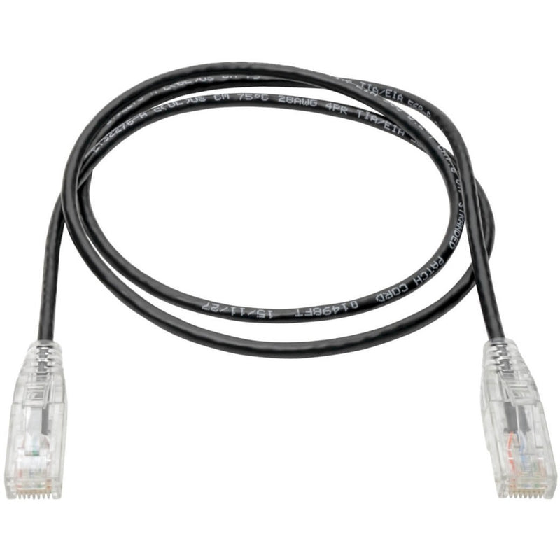 Full length view of slim black Cat6 patch cable with clear RJ45 connectors