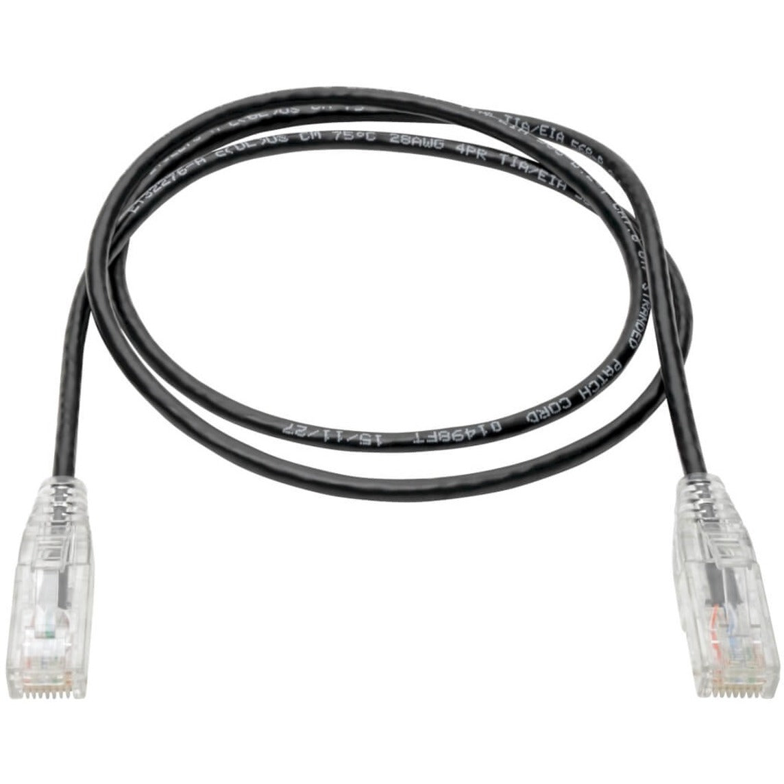 Full length view of slim black Cat6 patch cable with clear RJ45 connectors showing reduced diameter-alternate-image2