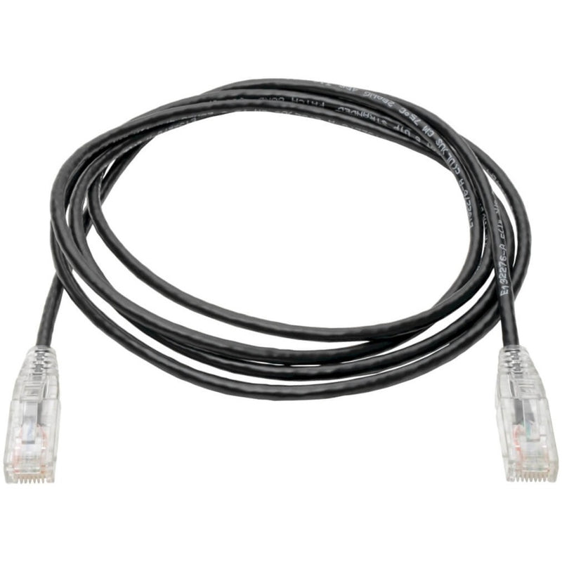 Full length view of Tripp Lite Cat6 cable showing flexible black cable with clear connectors