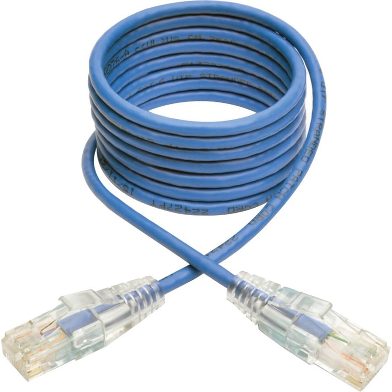 Full length view of slim blue Cat6 cable with RJ45 connectors coiled in a loop