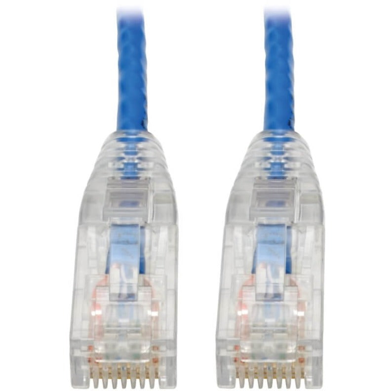 Close-up view of transparent RJ45 connectors with gold-plated pins and blue cable