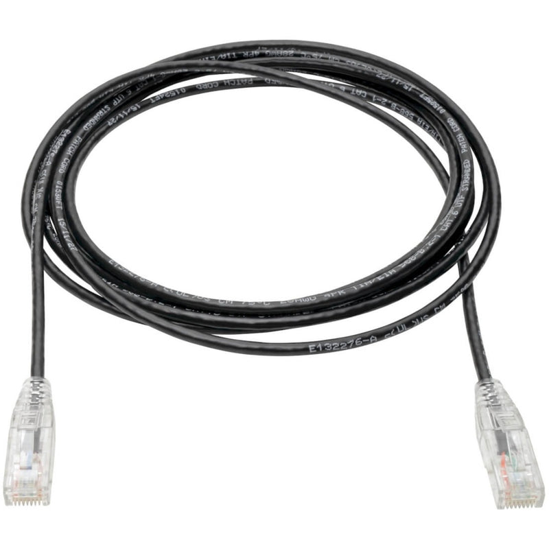 Full length view of black Cat6 patch cable with clear RJ45 connectors coiled in circular pattern