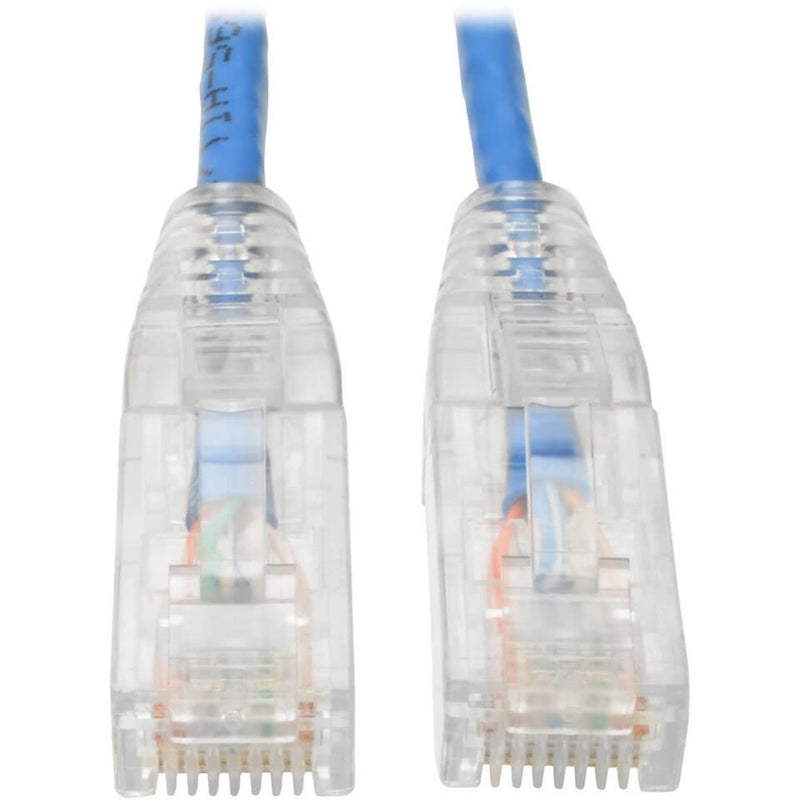 Close-up view of transparent RJ45 connectors with gold-plated pins and blue cable jacket