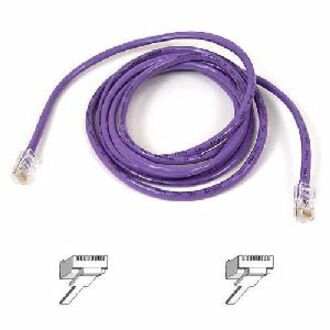 Purple Belkin Cat5e ethernet patch cable with RJ45 connectors and snagless moldings, coiled view