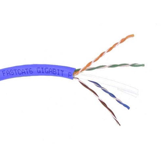 Close-up view of Belkin Cat6 UTP cable internal structure showing twisted pair wiring and blue outer jacket