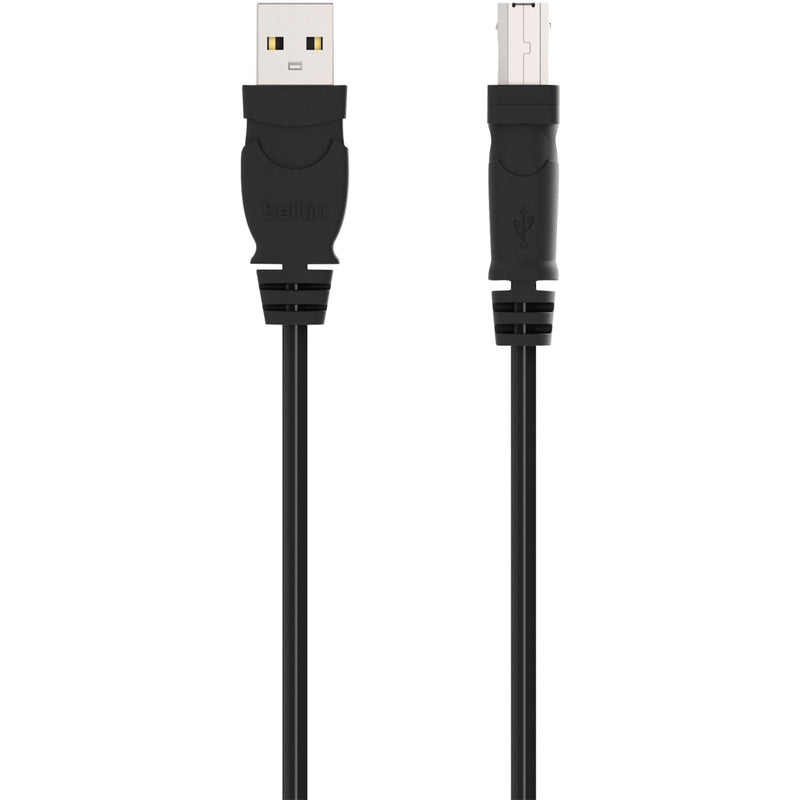 Belkin USB 2.0 Type A to Type B cable showing both connector ends with black housing and strain relief