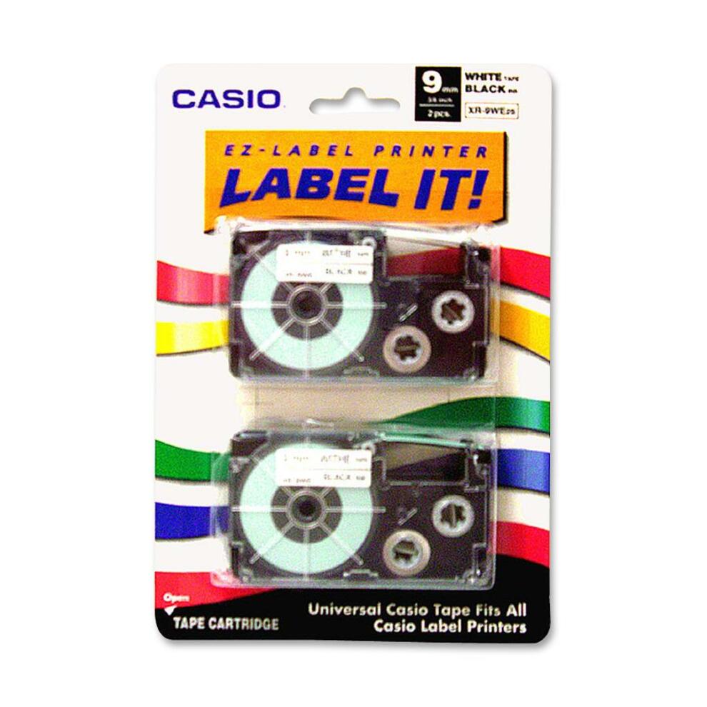 Casio XR9WE2S EZ-Label Printer Tape Cartridges, 9mm, 2/PK, Black/White