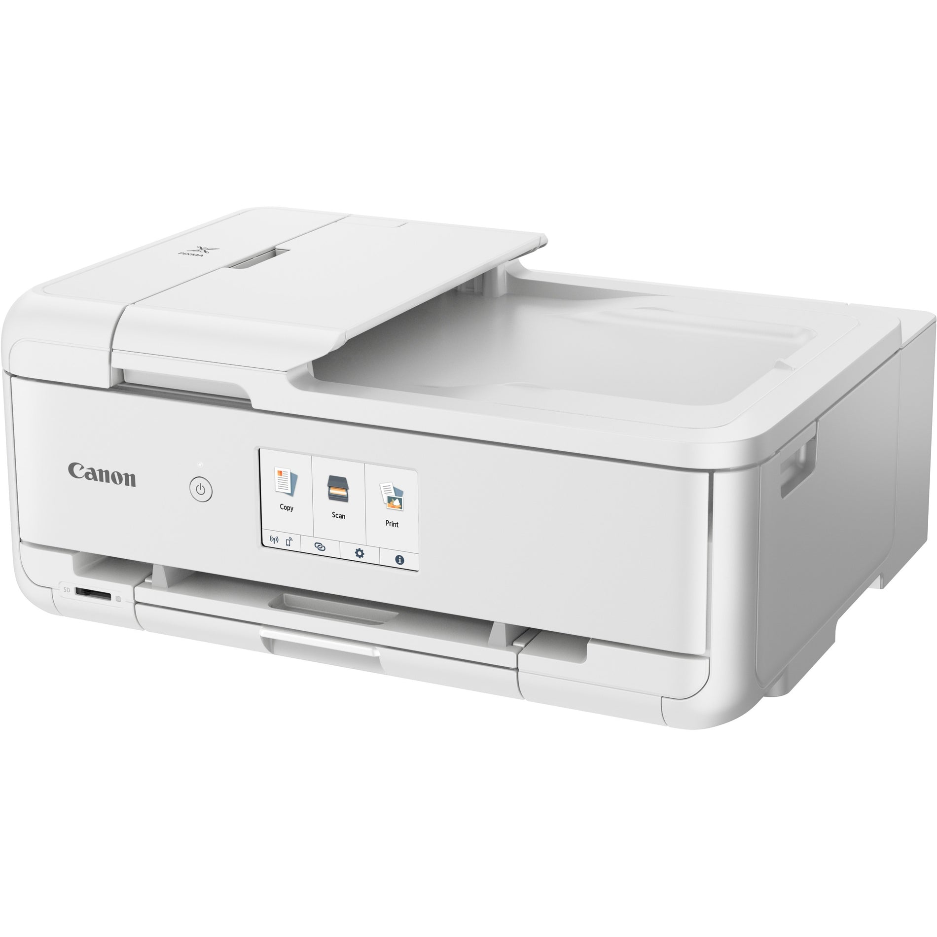 Front view of Canon PIXMA TS9521C printer showing LCD touchscreen interface with copy, scan, and print options-alternate-image1