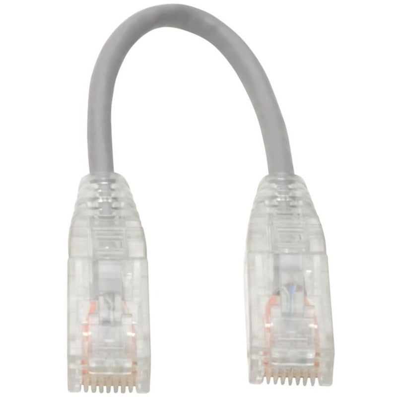 Curved view of slim Cat6 patch cable showing flexible gray jacket and clear connectors