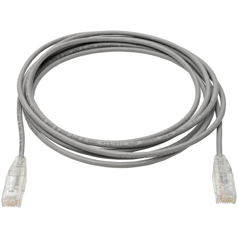 Full length view of slim gray Cat6 patch cable with RJ45 connectors