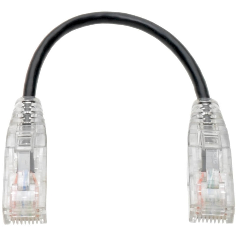 Curved view of Cat6 cable showing flexibility with clear RJ45 connectors