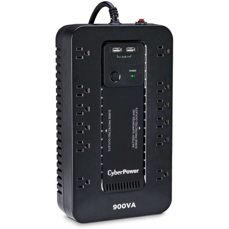 Angled view of CyberPower ST900U showing outlet arrangement and compact form factor