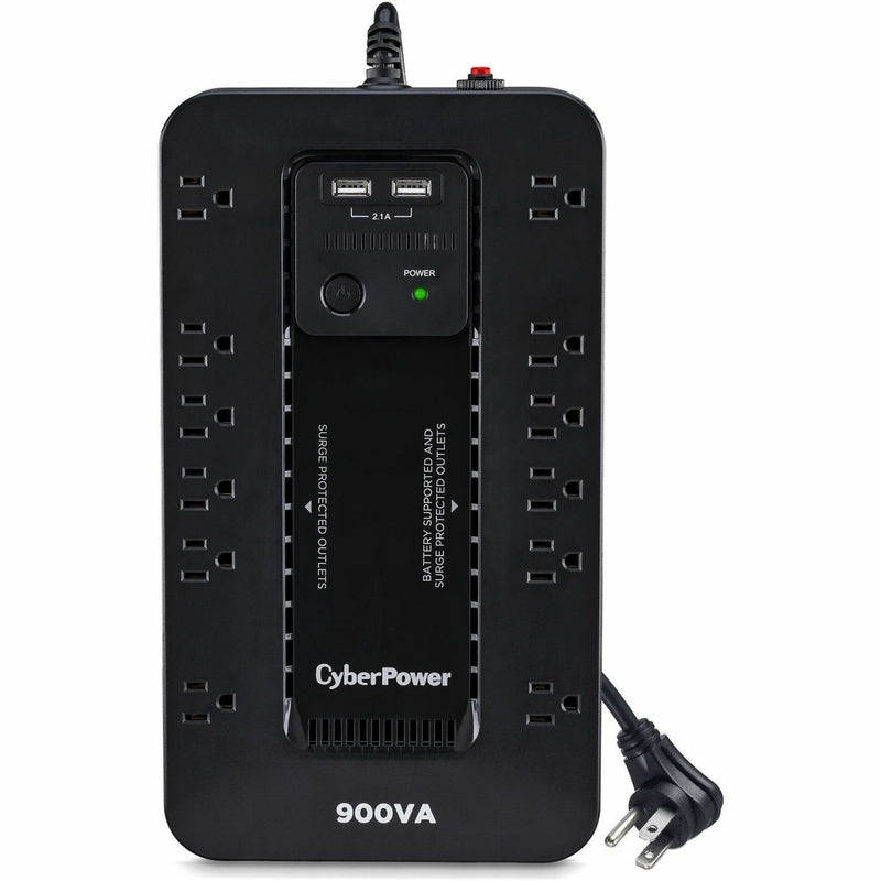 Front view of CyberPower ST900U UPS showing 12 outlets, USB ports, and power button with LED indicator