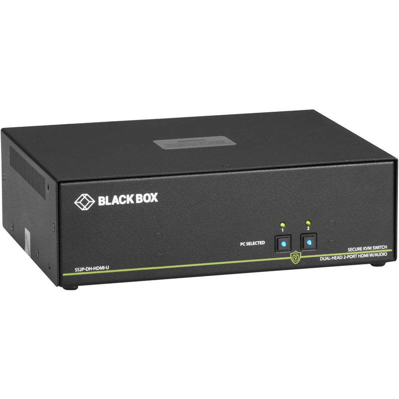 Front view of Black Box SS2P-DH-HDMI-U secure KVM switch showing dual PC selection buttons with status LEDs