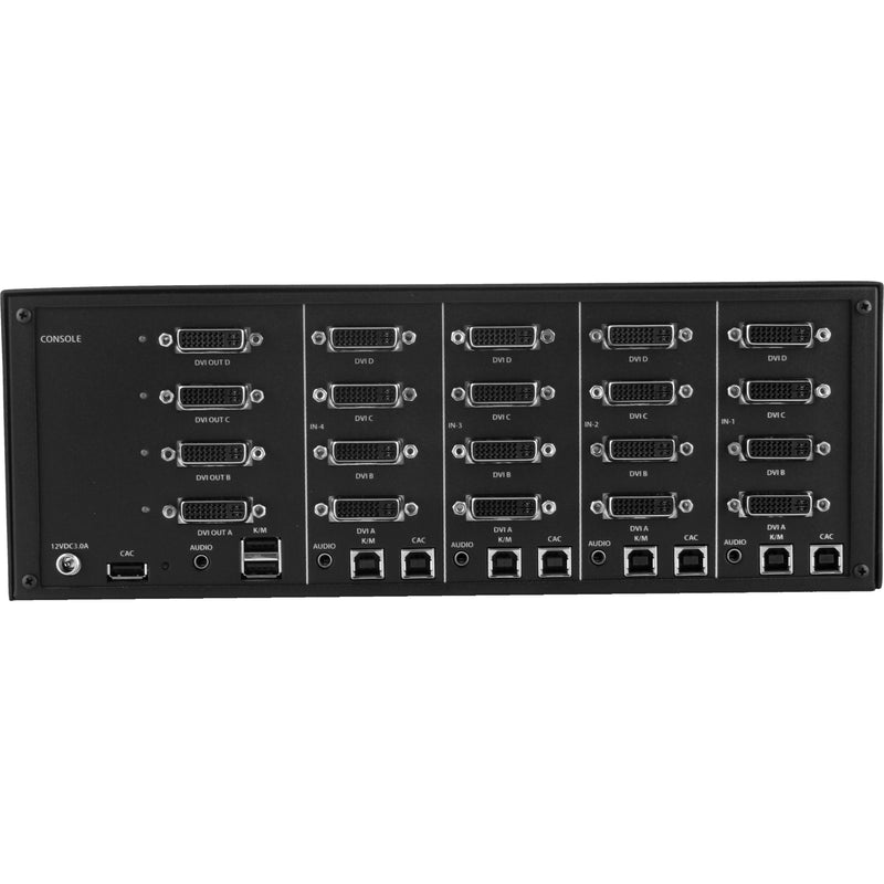 Rear panel view of Black Box KVM Switch showing multiple DVI ports, USB connections, and audio interfaces