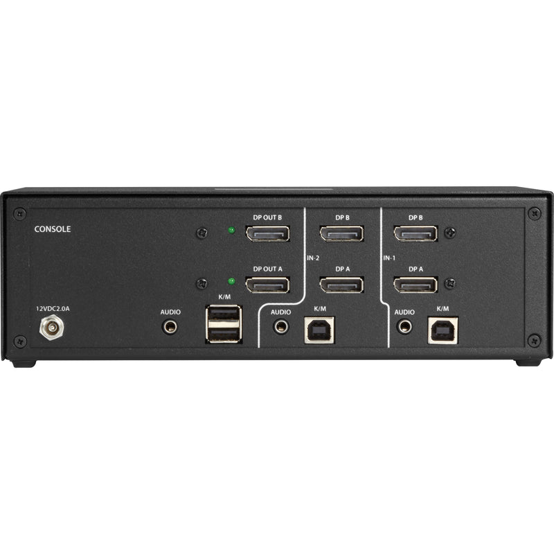 Rear panel view of Black Box KVM switch showing DisplayPort, USB, and audio connections