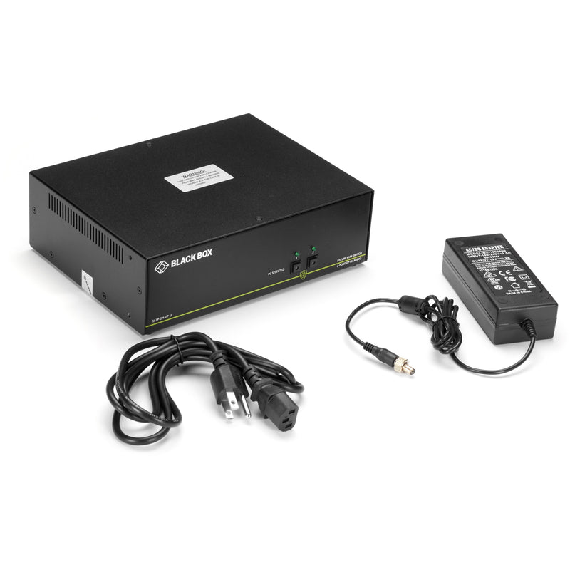 Black Box secure KVM switch shown with included power supply and cables