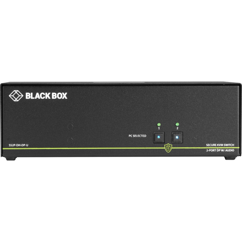 Close-up front view of Black Box secure KVM switch showing selection buttons and status indicators