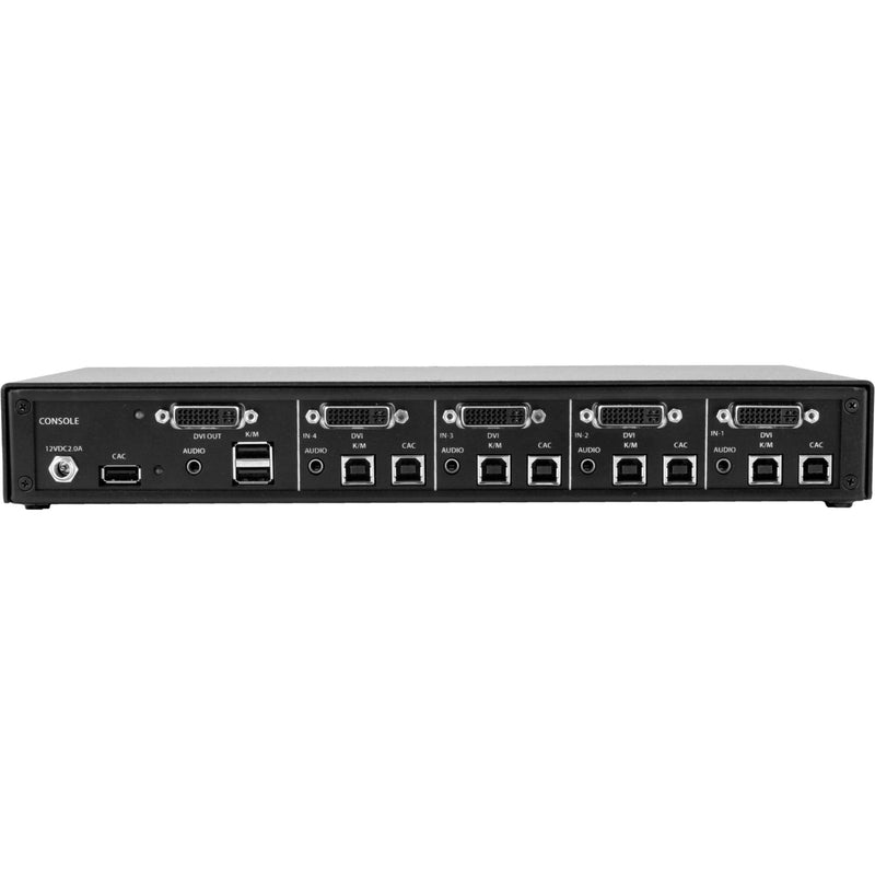 Rear panel view of Black Box Secure KVM Switch showing multiple DVI, USB, and CAC ports