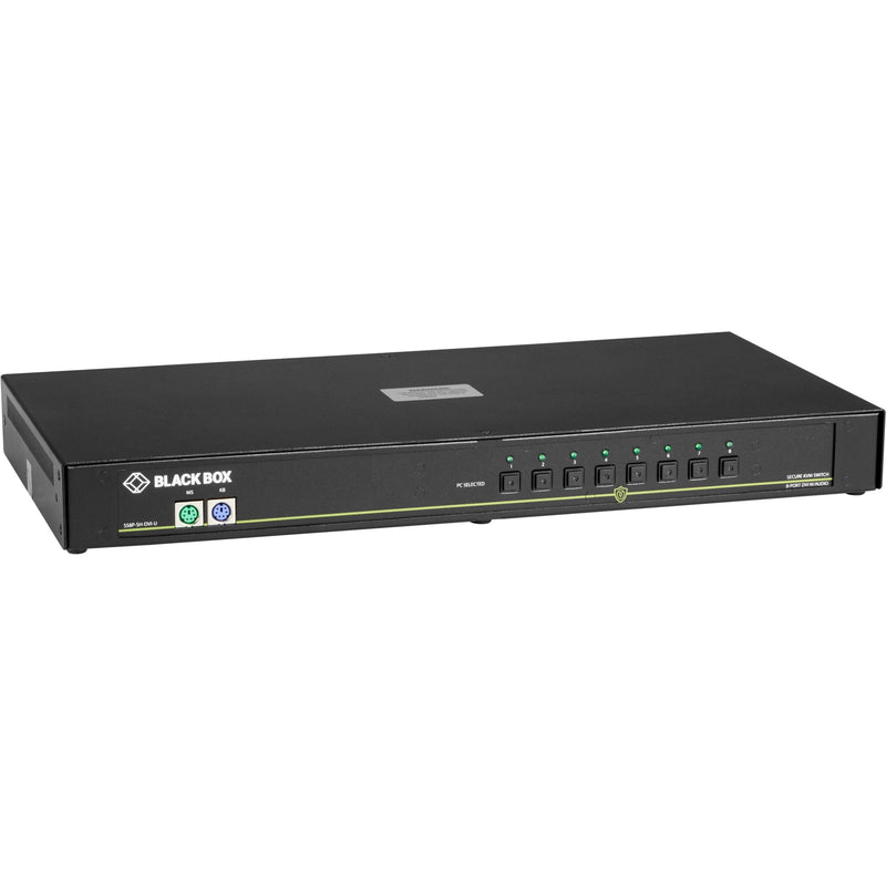 Front view of Black Box SS8P-SH-DVI-U secure KVM switch showing 8 selection buttons with LED indicators