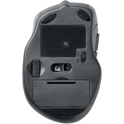 Bottom view of Kensington Pro Fit Wireless Mouse showing battery compartment and power controls