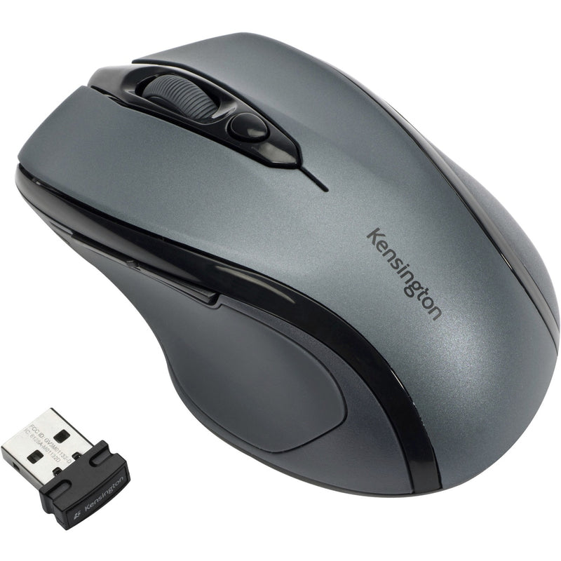 Kensington Pro Fit Wireless Mid-Size Mouse in gray with USB receiver, showing ergonomic design and scroll wheel