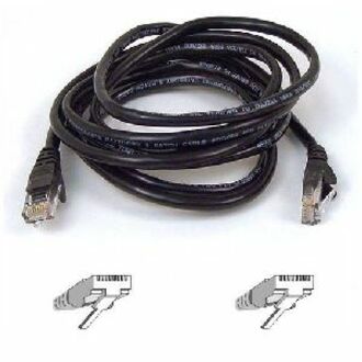 Black Belkin Cat5e network patch cable with RJ45 connectors and connector diagram