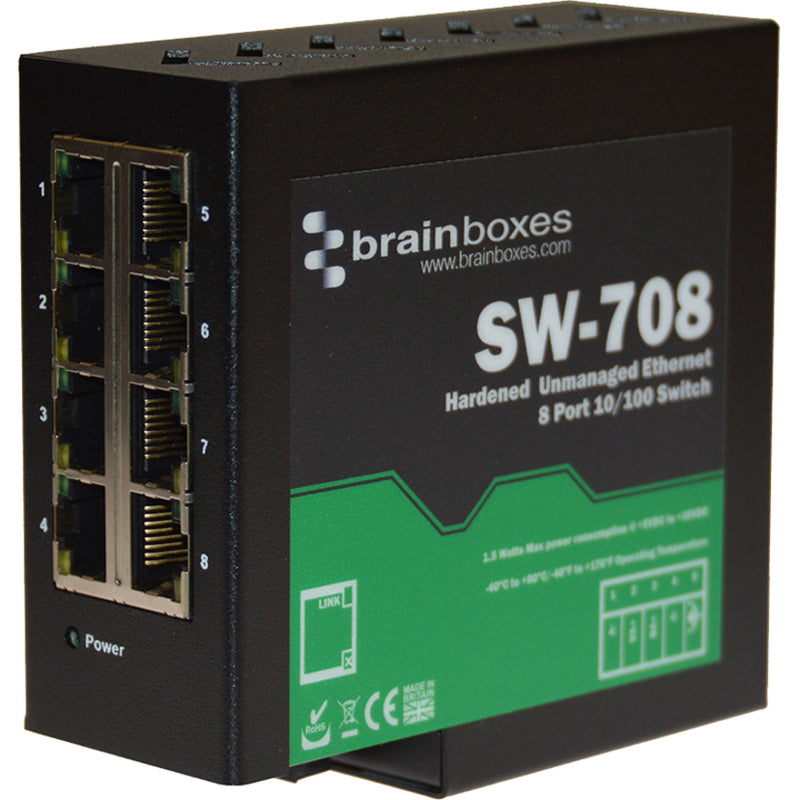 Angled view of SW-708 switch showing numbered ports and product labeling