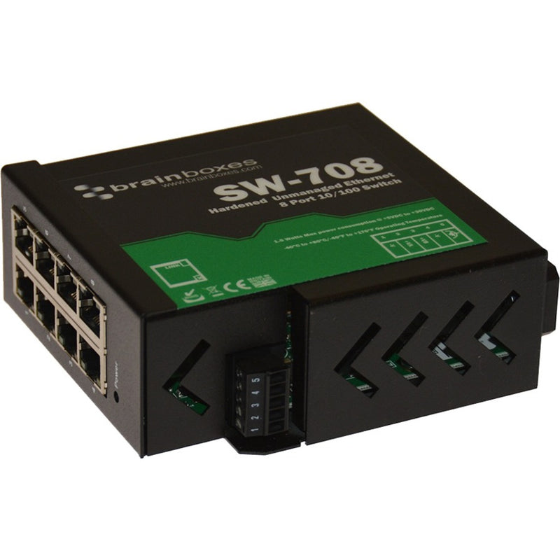 Front view of Brainboxes SW-708 industrial Ethernet switch showing 8 ports and power indicator