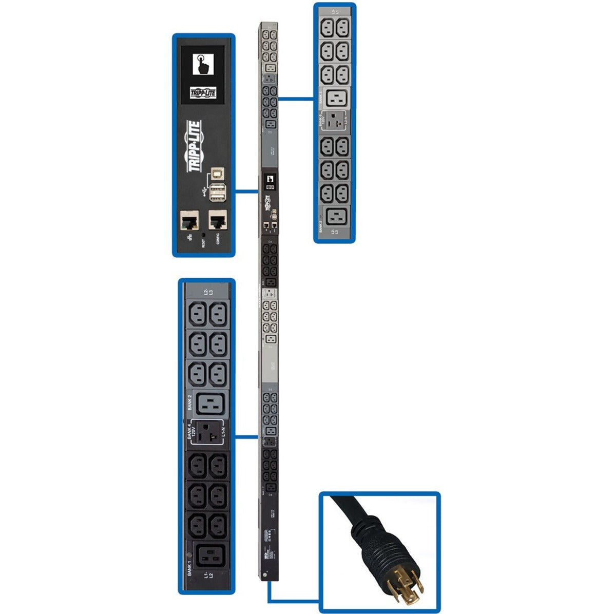 Tripp Lite PDU3EVN6L2120 showing outlet banks, network interface, and NEMA L21-20P plug connection-alternate-image1