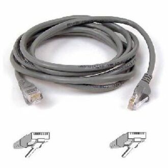 Belkin 8-foot gray Cat5e network patch cable with RJ-45 connectors showing coiled cable and connector detail