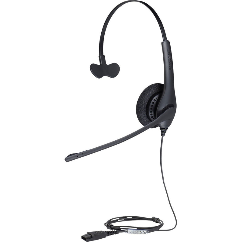 Side view of Jabra BIZ 1500 QD Mono headset showing mono speaker, boom microphone, and quick disconnect cable