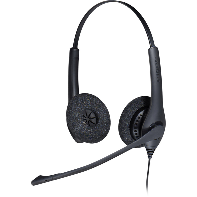 Three-quarter view of Jabra BIZ 1500 headset showing microphone and ear cushion detail