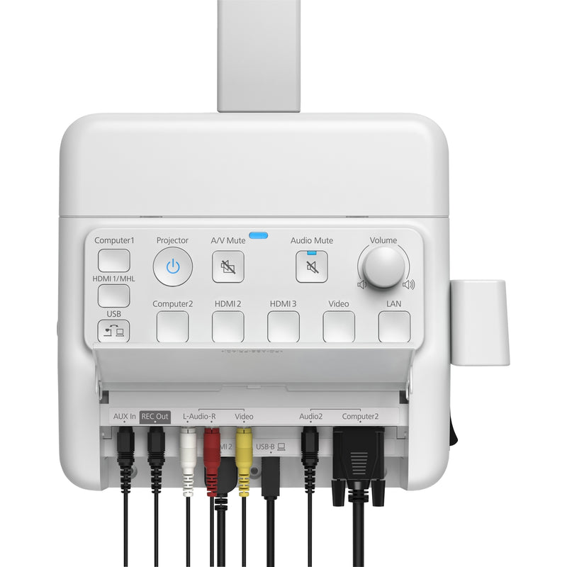 Epson PowerLite Pilot 3 with open access panel showing additional ports and connections